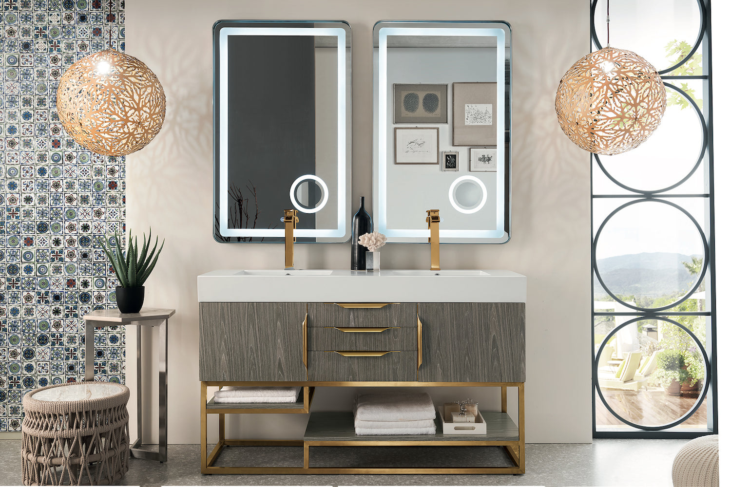 59" Columbia Double Sink Bathroom Vanity, Ash Gray w/ Radiant Gold