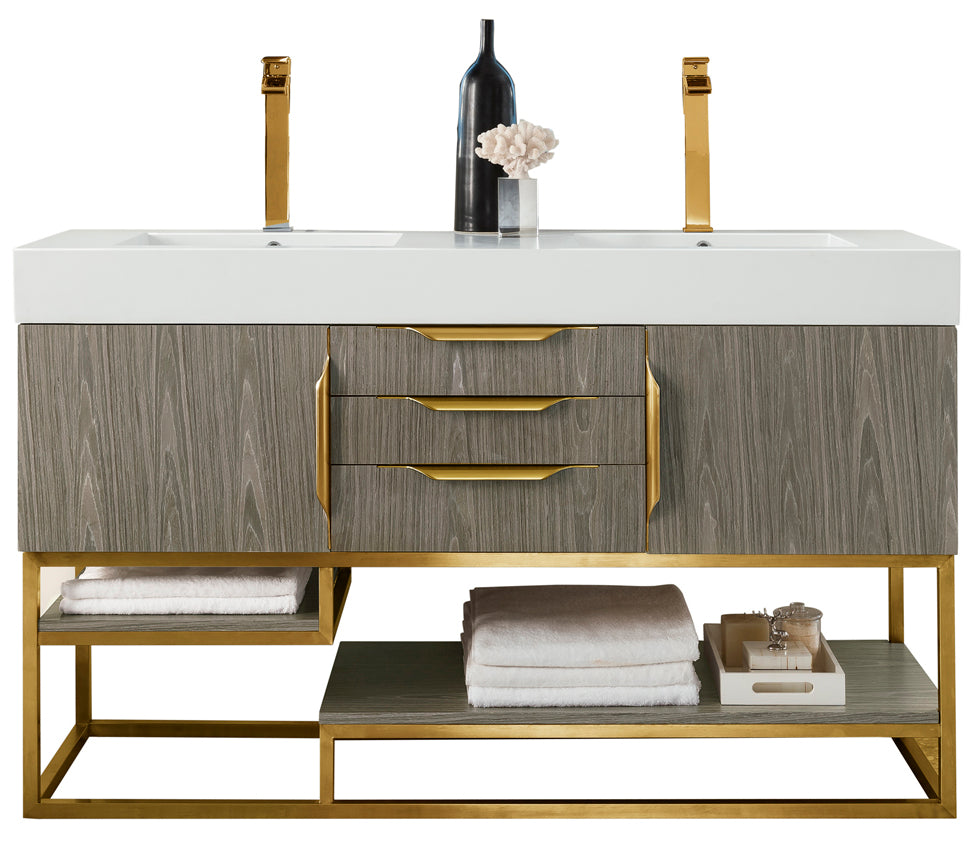 59" Columbia Double Sink Bathroom Vanity, Ash Gray w/ Radiant Gold