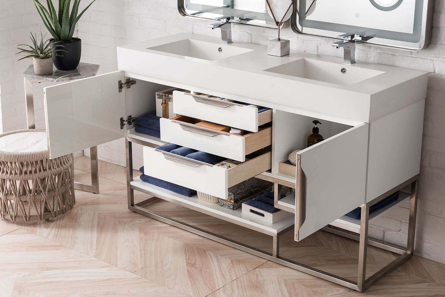 59" Columbia Double Sink Bathroom Vanity, Glossy White