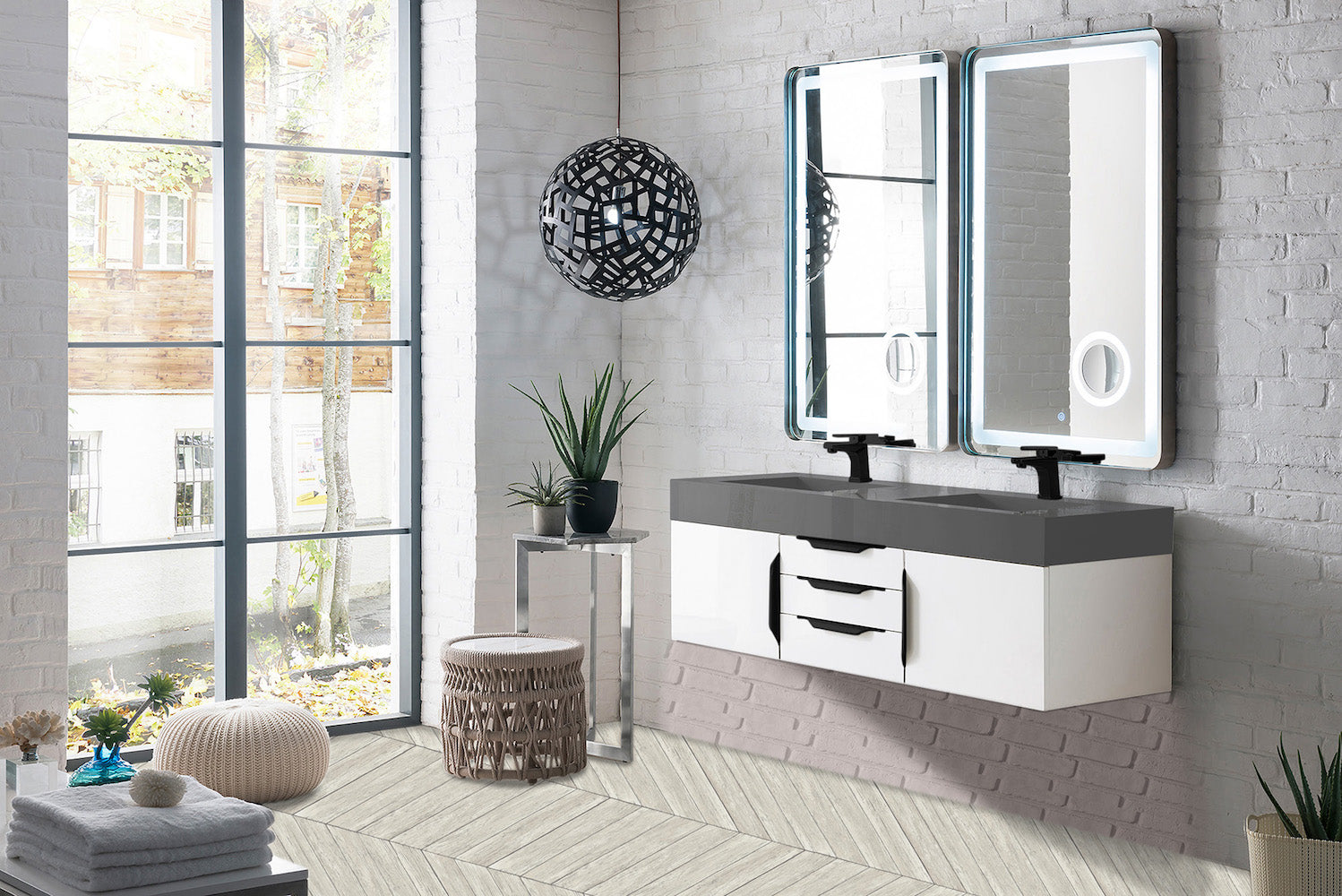 59" Mercer Island Double Sink Bathroom Vanity, Glossy White w/ Matte Black