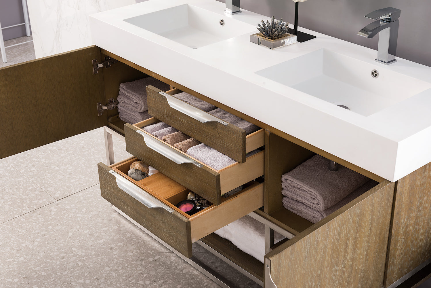 59" Columbia Double Sink Bathroom Vanity, Latte Oak