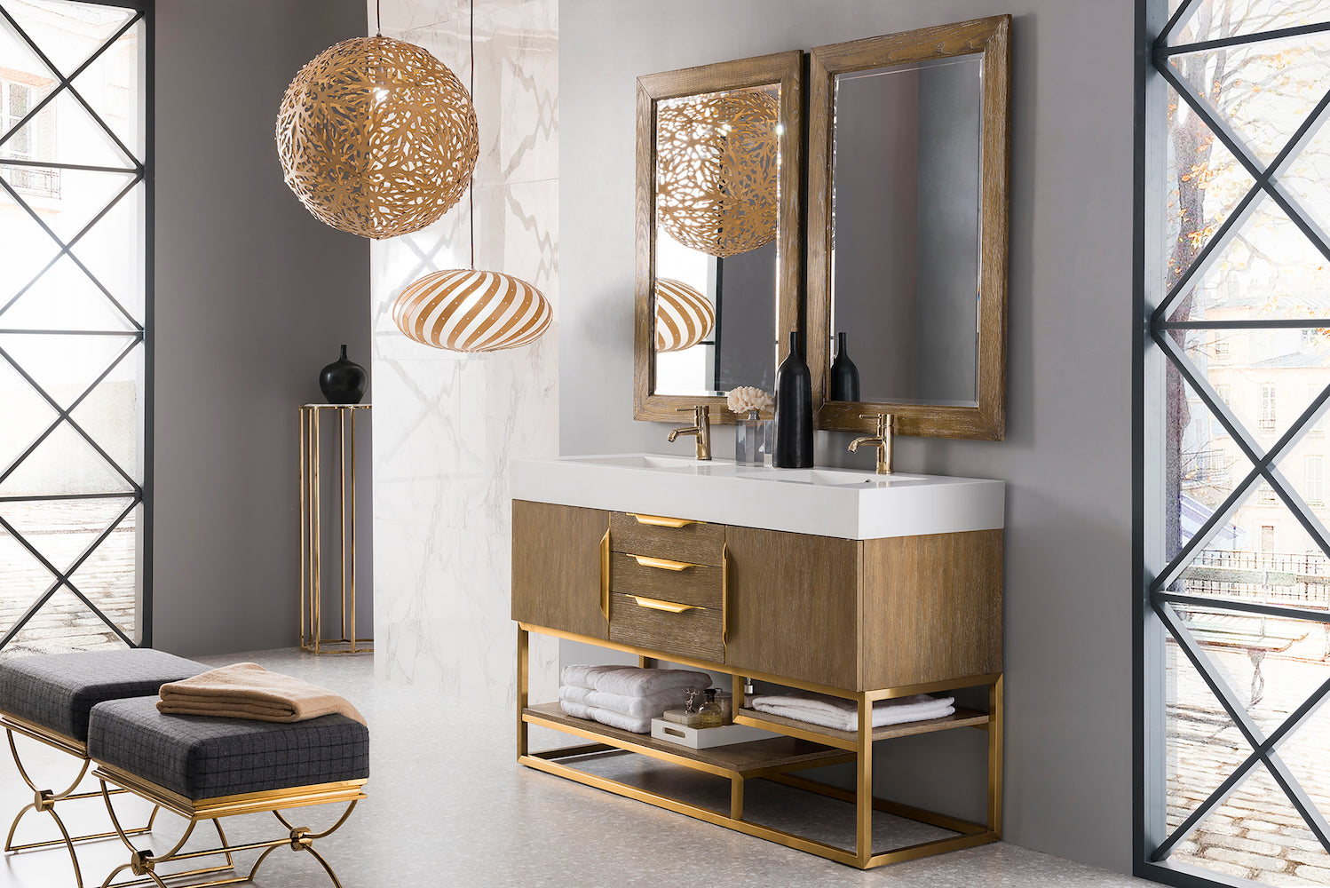 59" Columbia Double Sink Bathroom Vanity, Latte Oak w/ Radiant Gold