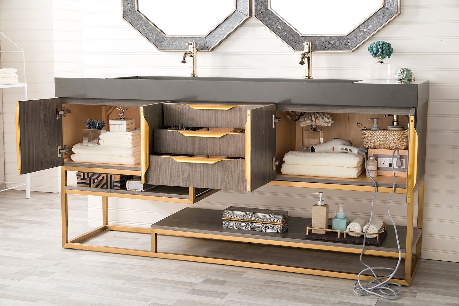 72" Columbia Double Sink Bathroom Vanity, Ash Gray w/ Radiant Gold