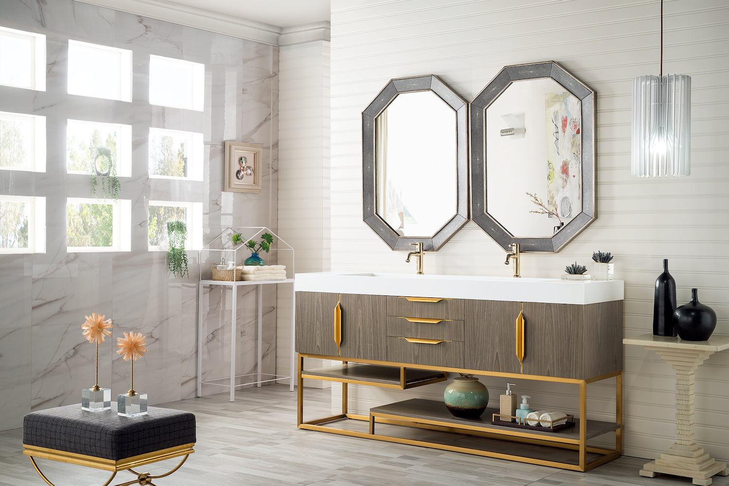 72" Columbia Double Sink Bathroom Vanity, Ash Gray w/ Radiant Gold