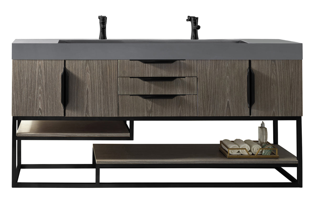 72" Columbia Double Sink Bathroom Vanity, Ash Gray w/ Matte Black