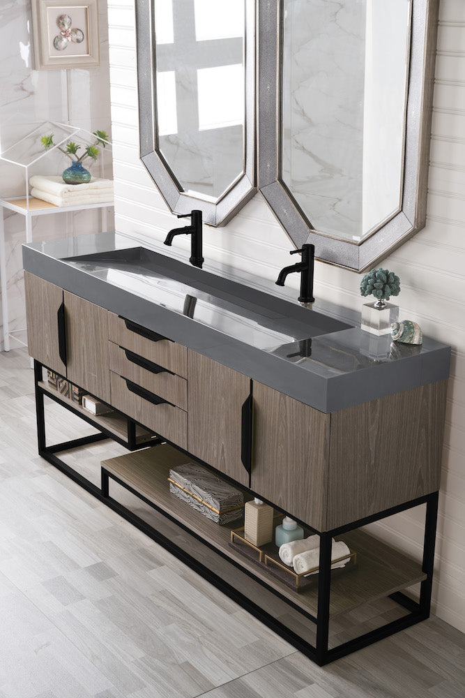 72" Columbia Double Sink Bathroom Vanity, Ash Gray w/ Matte Black