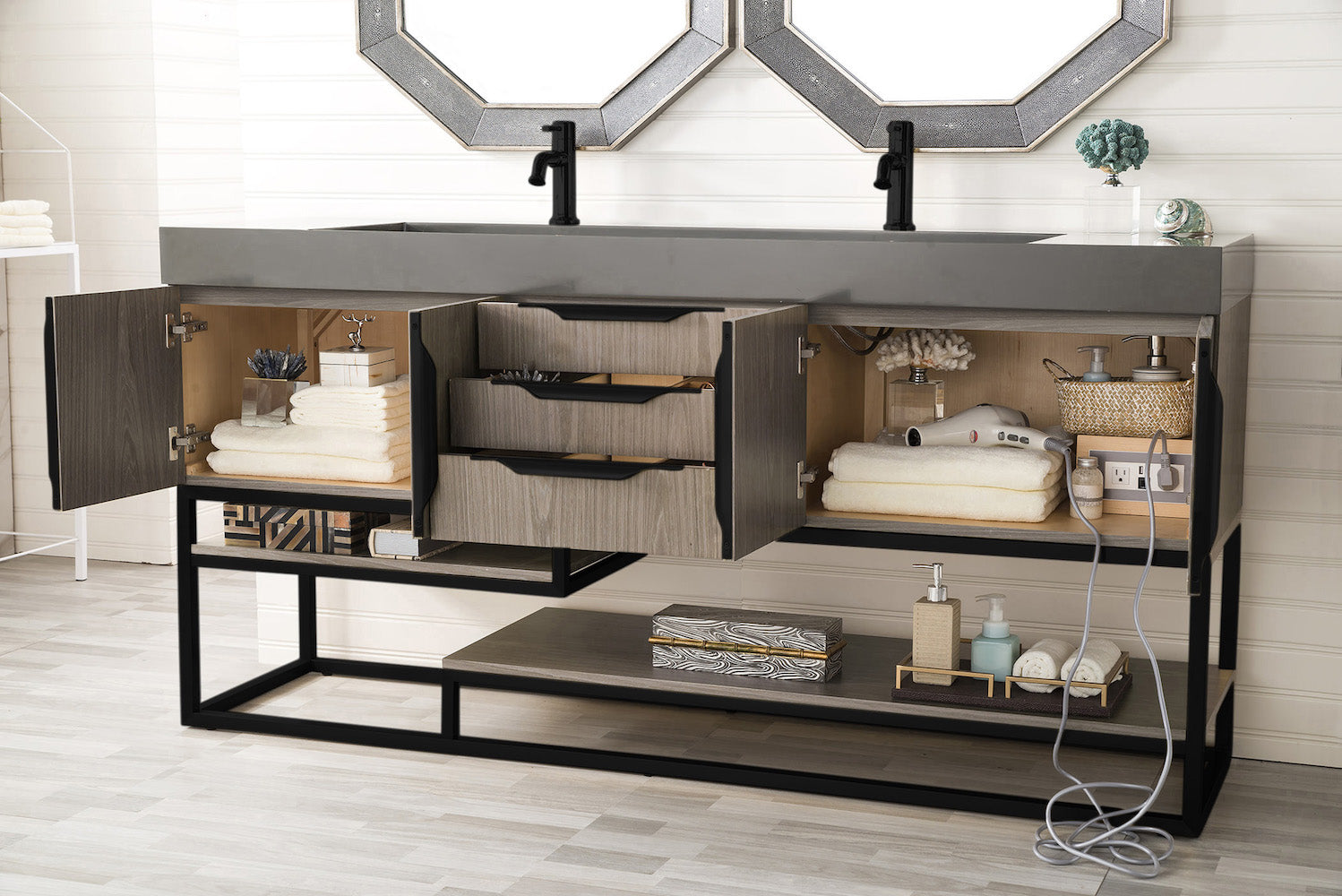72" Columbia Double Sink Bathroom Vanity, Ash Gray w/ Matte Black