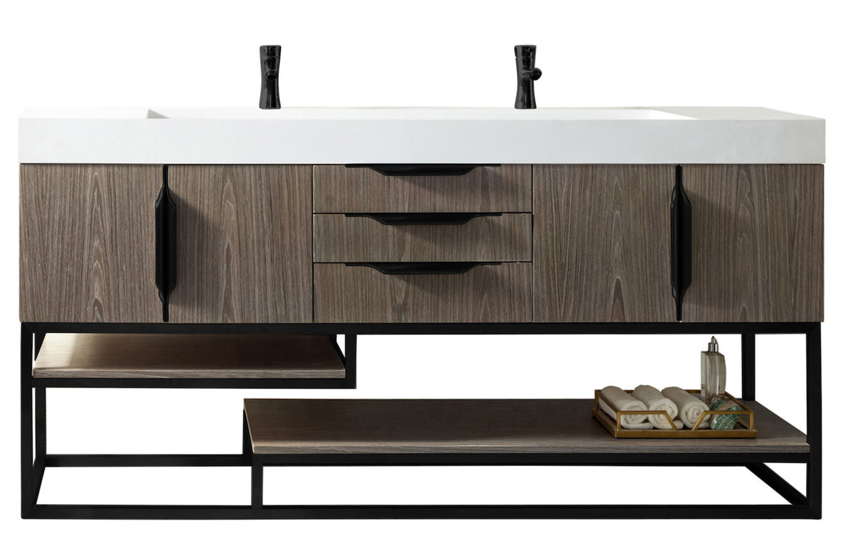 72" Columbia Double Sink Bathroom Vanity, Ash Gray w/ Matte Black