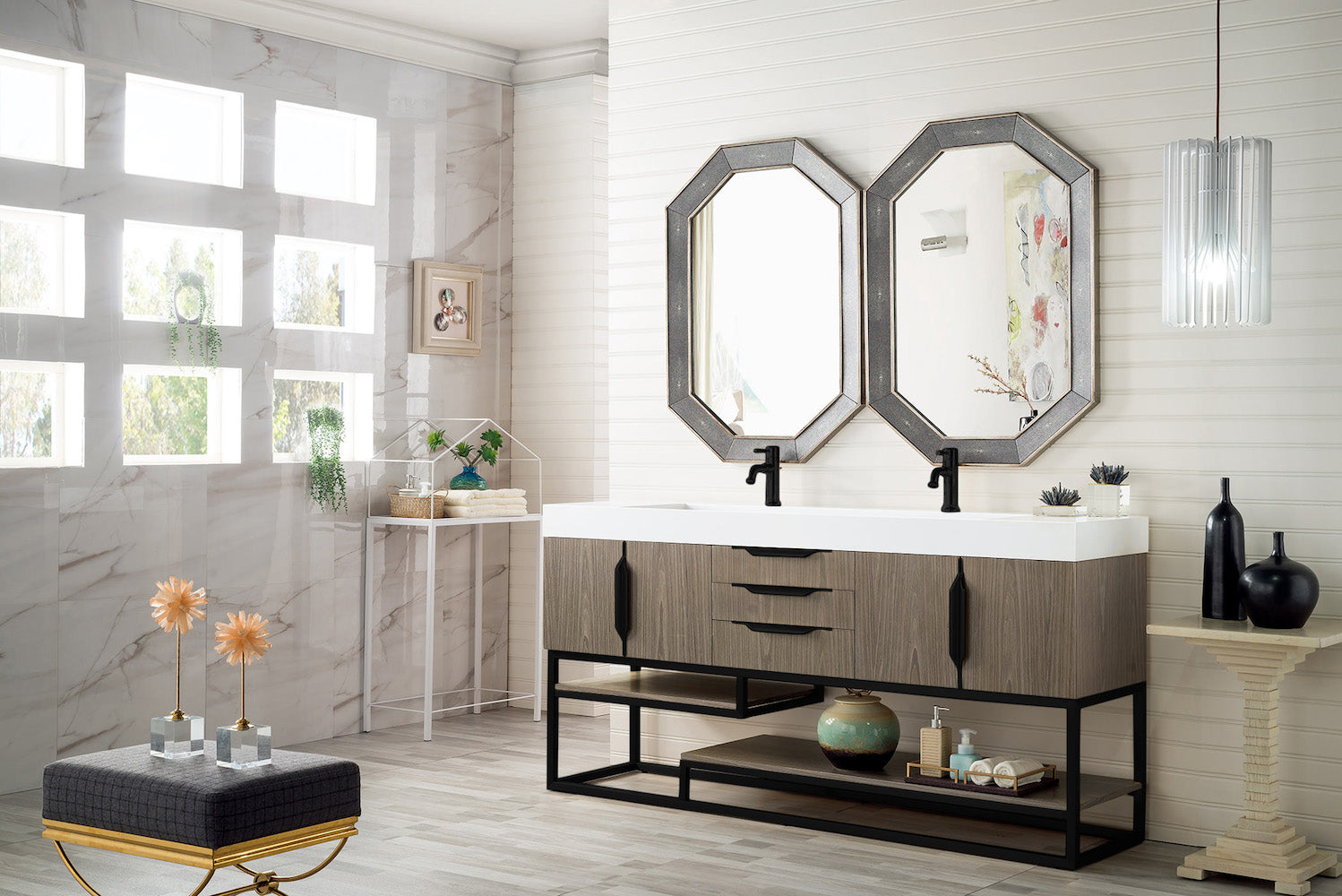 72" Columbia Double Sink Bathroom Vanity, Ash Gray w/ Matte Black