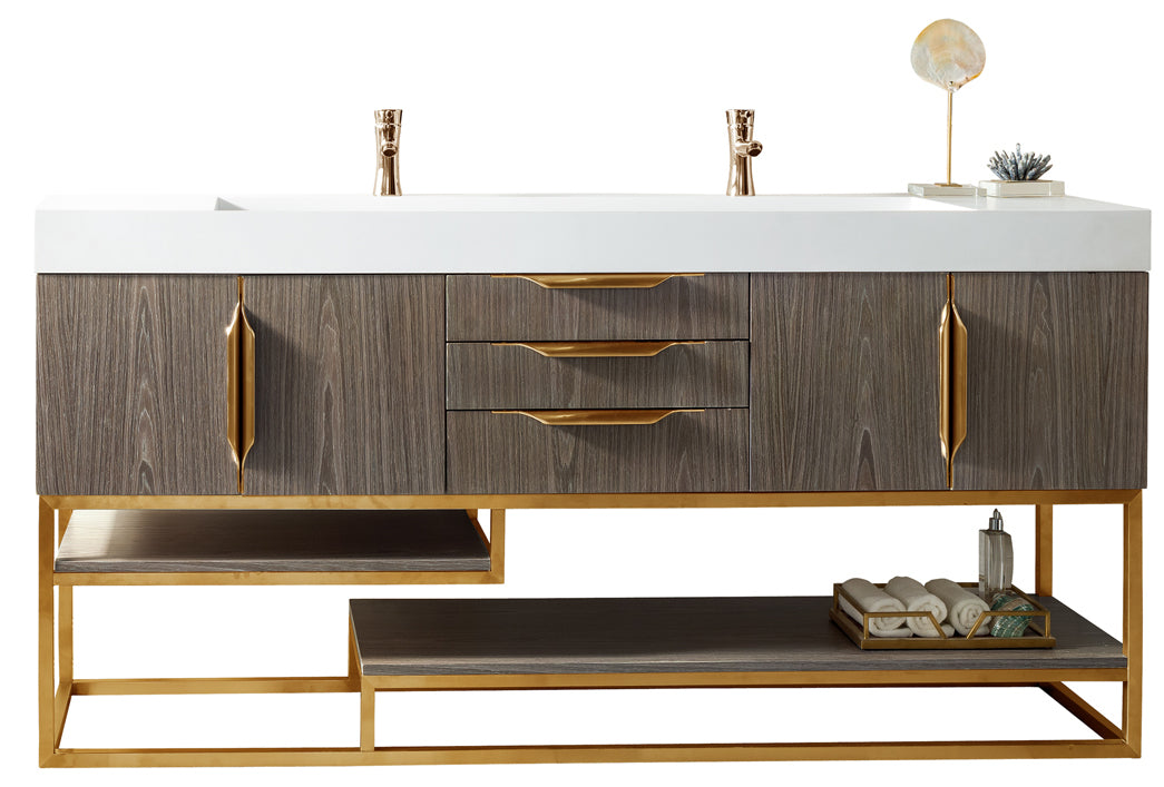 72" Columbia Double Sink Bathroom Vanity, Ash Gray w/ Radiant Gold