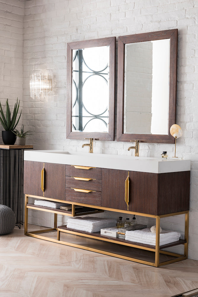72" Columbia Double Sink Bathroom Vanity, Coffee Oak w/ Radiant Gold