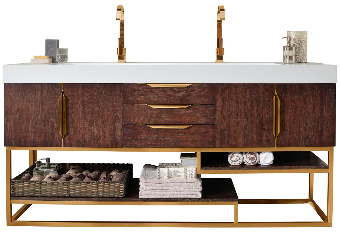 72" Columbia Double Sink Bathroom Vanity, Coffee Oak w/ Radiant Gold