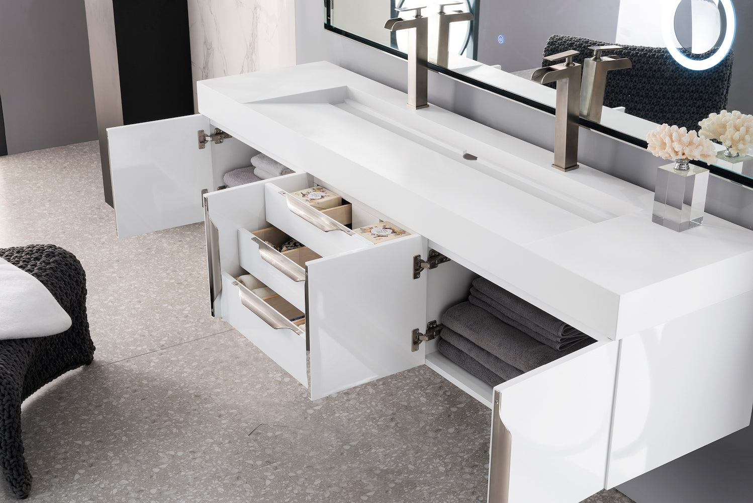 72" Mercer Island Double Sink Bathroom Vanity, Glossy White w/ Brushed Nickel