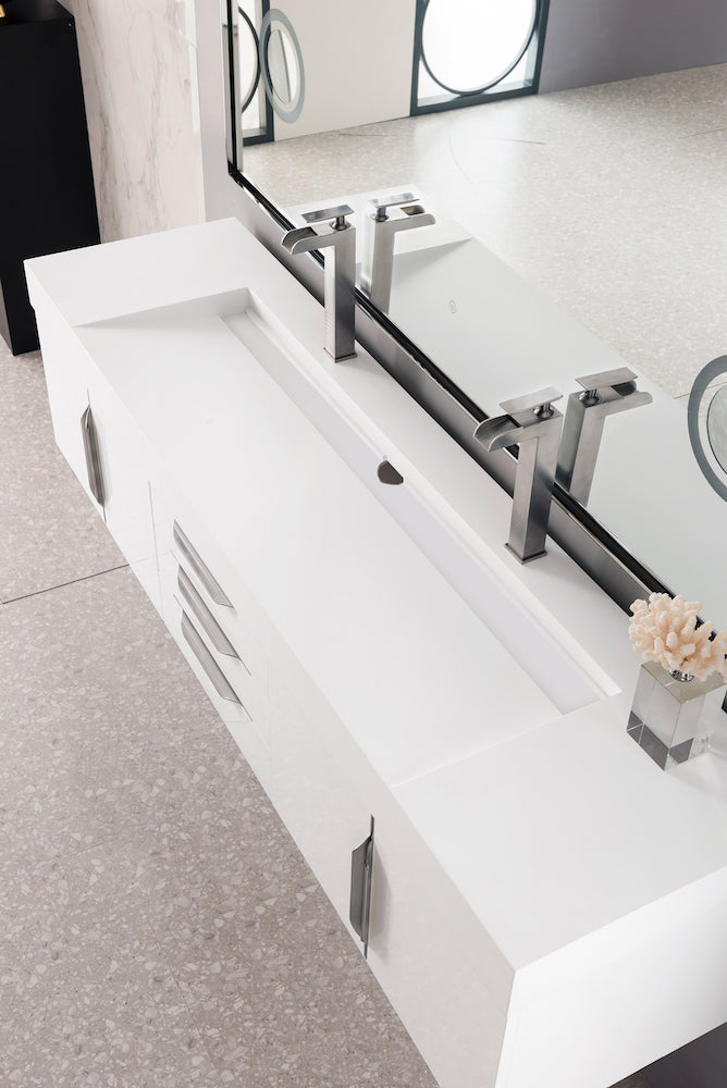 72" Mercer Island Double Sink Bathroom Vanity, Glossy White w/ Brushed Nickel