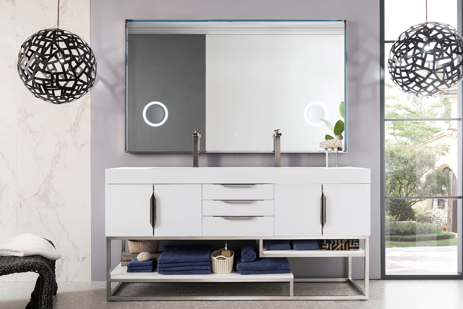 72" Columbia Double Sink Bathroom Vanity, Glossy White w/ Brushed Nickel
