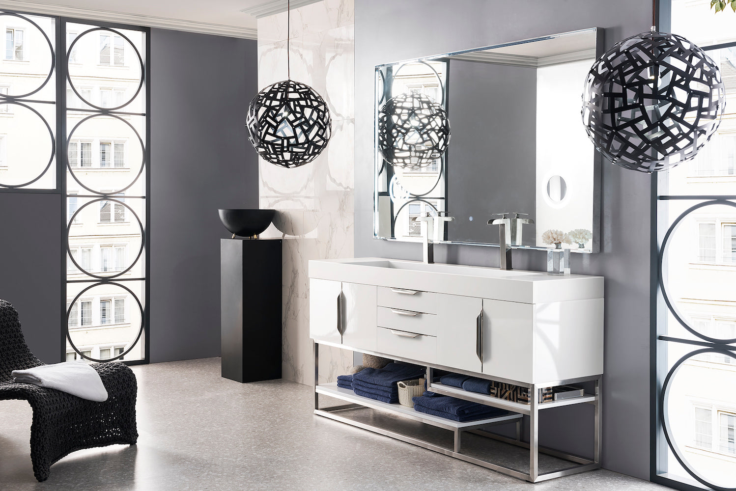 72" Columbia Double Sink Bathroom Vanity, Glossy White w/ Brushed Nickel