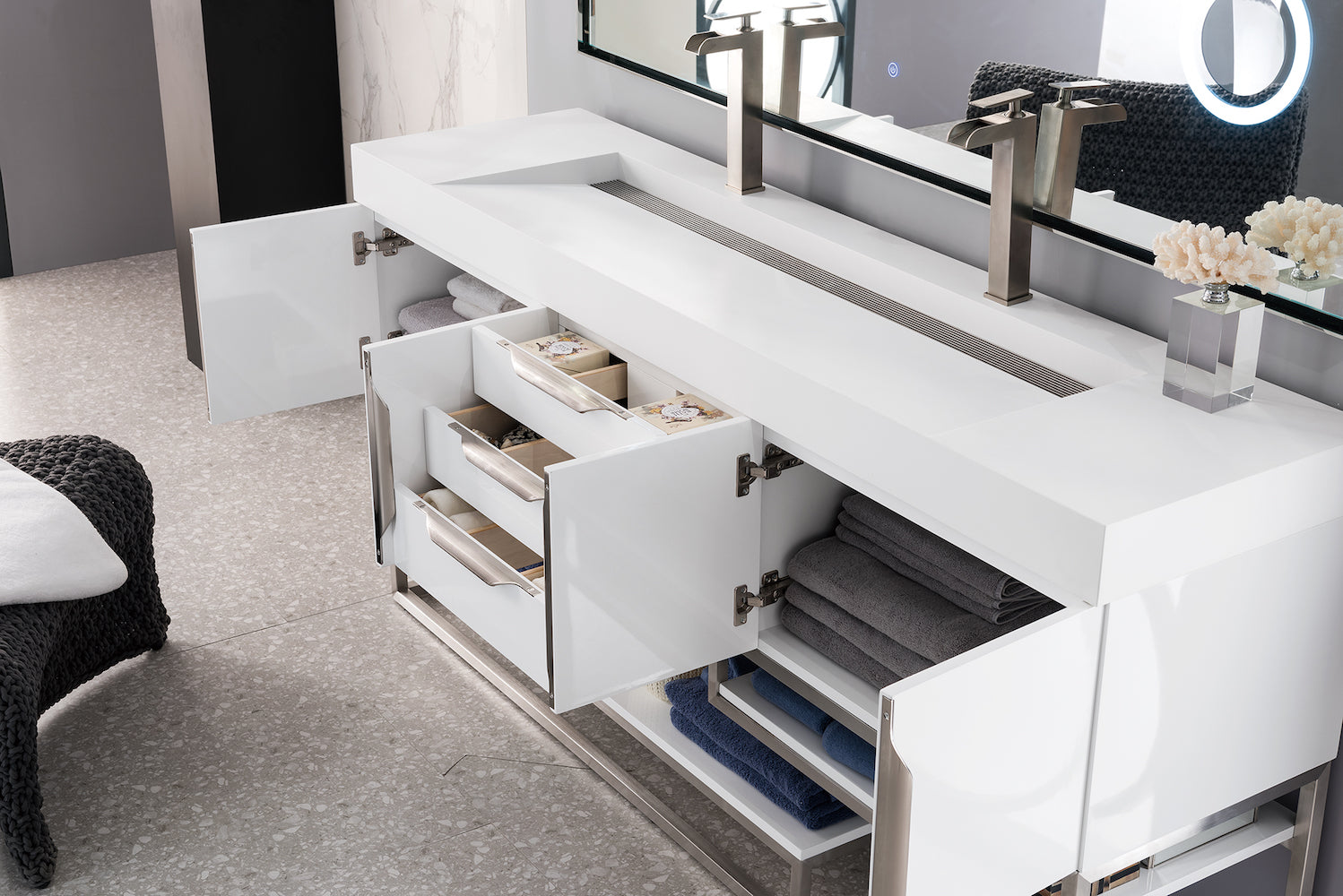 72" Columbia Double Sink Bathroom Vanity, Glossy White w/ Brushed Nickel