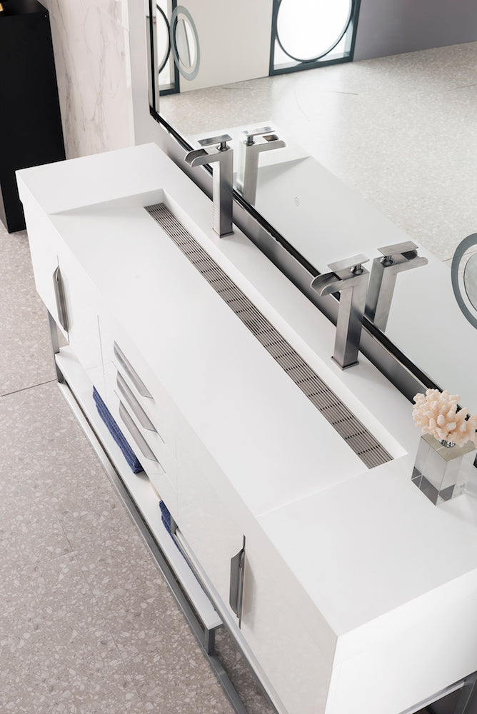 72" Columbia Double Sink Bathroom Vanity, Glossy White w/ Brushed Nickel