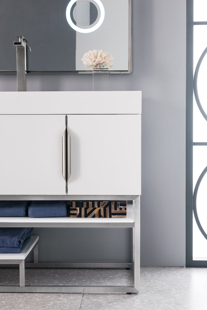 72" Columbia Double Sink Bathroom Vanity, Glossy White w/ Brushed Nickel