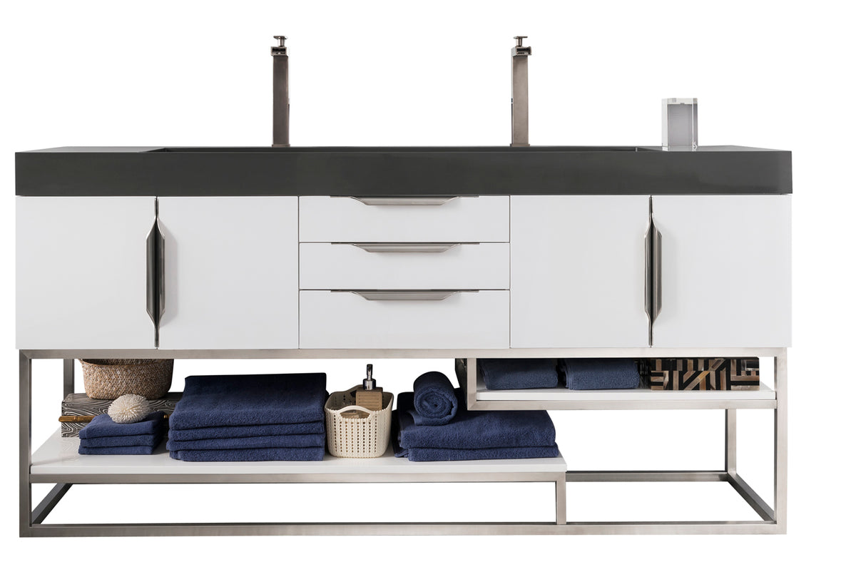 72" Columbia Double Sink Bathroom Vanity, Glossy White w/ Brushed Nickel