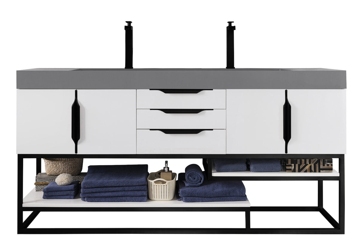 72" Columbia Double Sink Bathroom Vanity, Glossy White w/ Matte Black