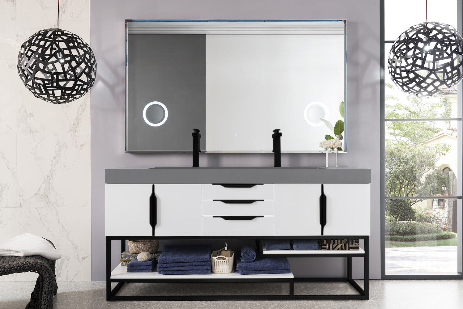 72" Columbia Double Sink Bathroom Vanity, Glossy White w/ Matte Black