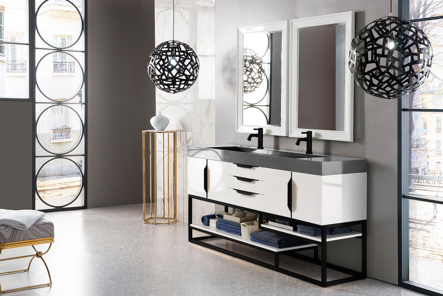 72" Columbia Double Sink Bathroom Vanity, Glossy White w/ Matte Black
