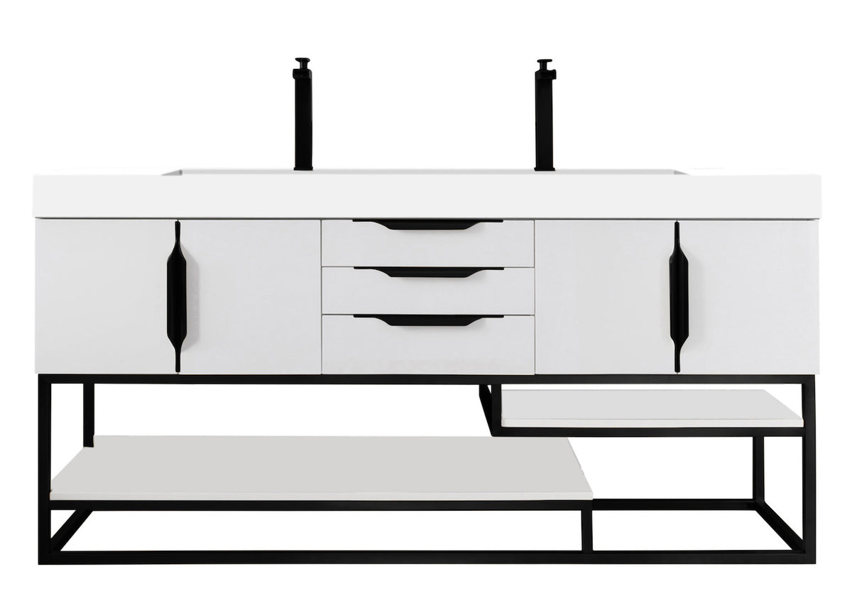 72" Columbia Double Sink Bathroom Vanity, Glossy White w/ Matte Black