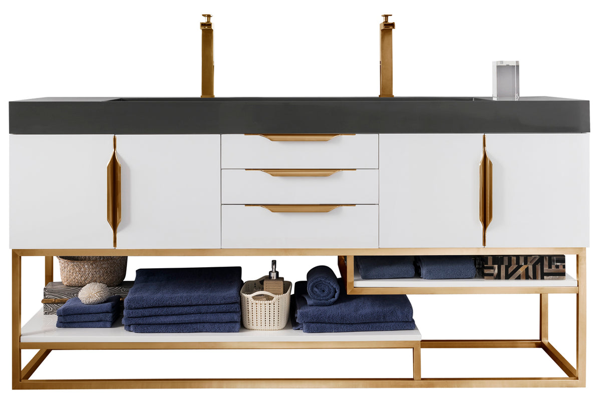 72" Columbia Double Sink Bathroom Vanity, Glossy White w/ Radiant Gold