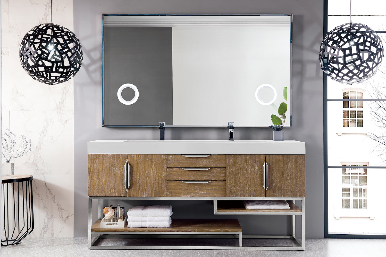 72" Columbia Double Sink Bathroom Vanity, Latte Oak w/ Brushed Nickel