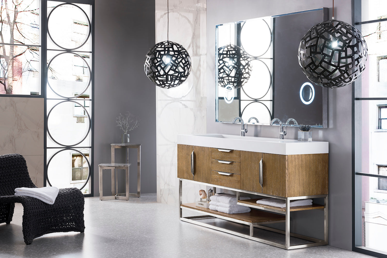 72" Columbia Double Sink Bathroom Vanity, Latte Oak w/ Brushed Nickel