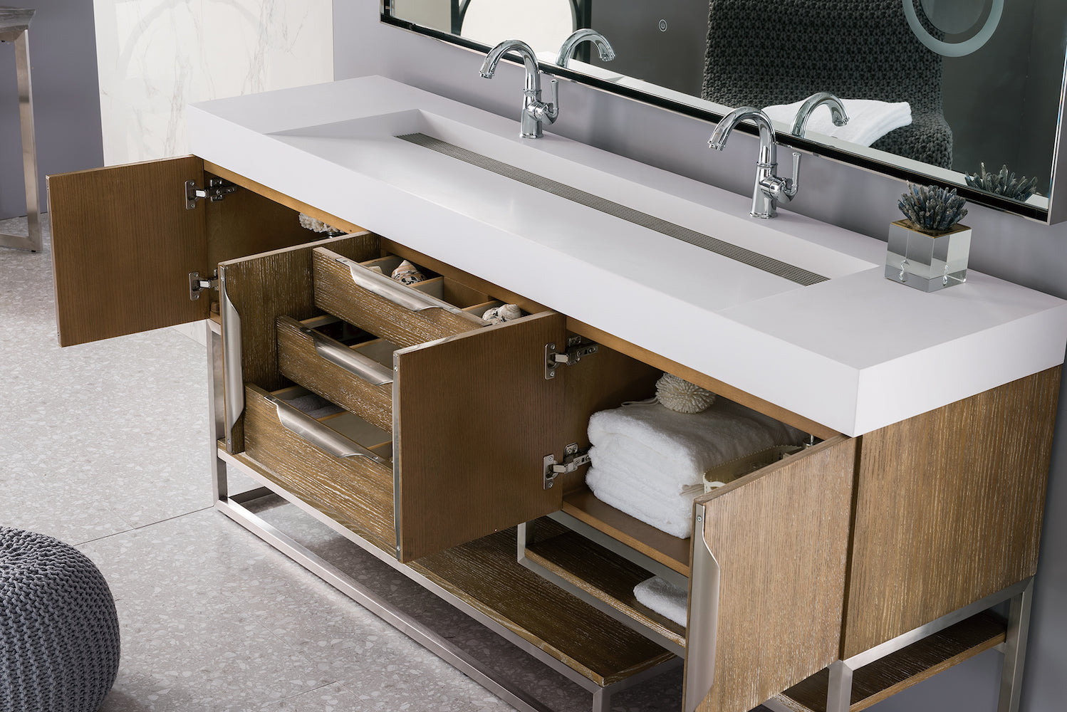 72" Columbia Double Sink Bathroom Vanity, Latte Oak w/ Brushed Nickel