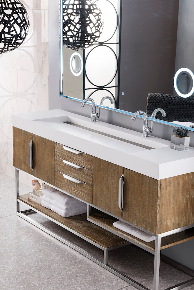 72" Columbia Double Sink Bathroom Vanity, Latte Oak w/ Brushed Nickel