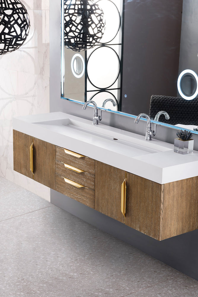 72" Mercer Island Double Sink Bathroom Vanity, Latte Oak w/ Radiant Gold