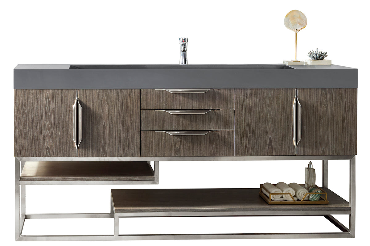 72" Columbia Single Sink Bathroom Vanity, Ash Gray & Brushed Nickel