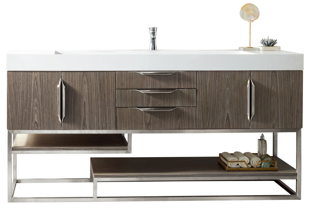 72" Columbia Single Sink Bathroom Vanity, Ash Gray & Brushed Nickel