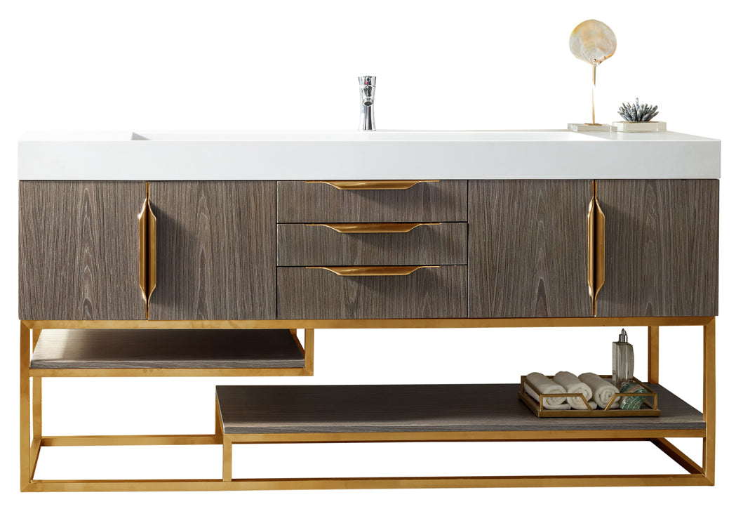 72" Columbia Single Sink Bathroom Vanity, Ash Gray w/ Radiant Gold