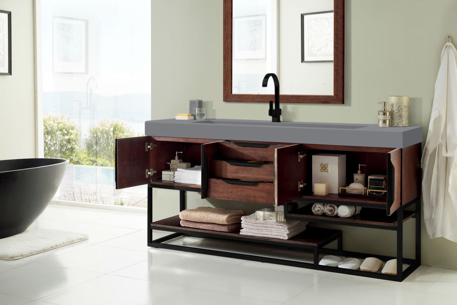 72" Columbia Single Sink Bathroom Vanity, Coffee Oak & Matte Black