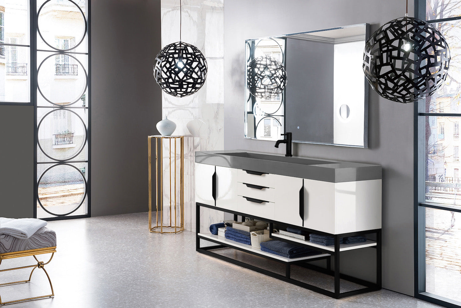 72" Columbia Single Sink Bathroom Vanity, Glossy White & Matte Black