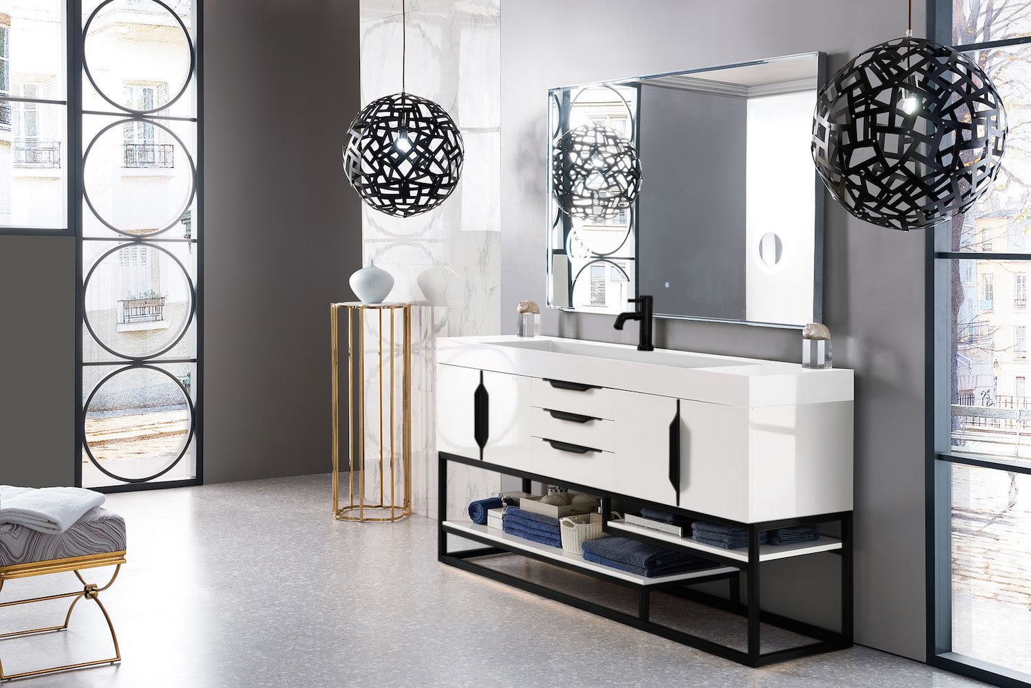 72" Columbia Single Sink Bathroom Vanity, Glossy White & Matte Black