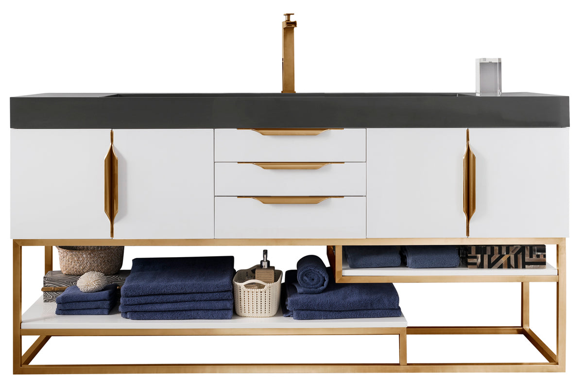 72" Columbia Single Sink Bathroom Vanity, Glossy White w/ Radiant Gold