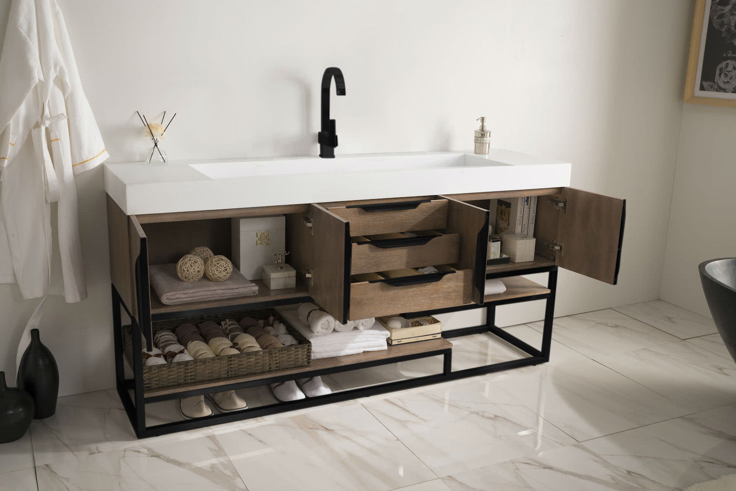 72" Columbia Single Sink Bathroom Vanity, Latte Oak & Matte Black