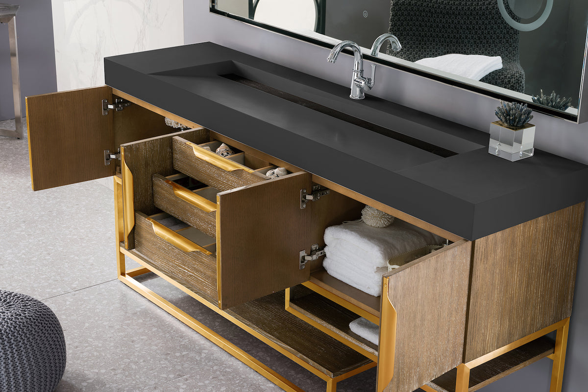 72" Columbia Single Sink Bathroom Vanity, Latte Oak w/ Radiant Gold