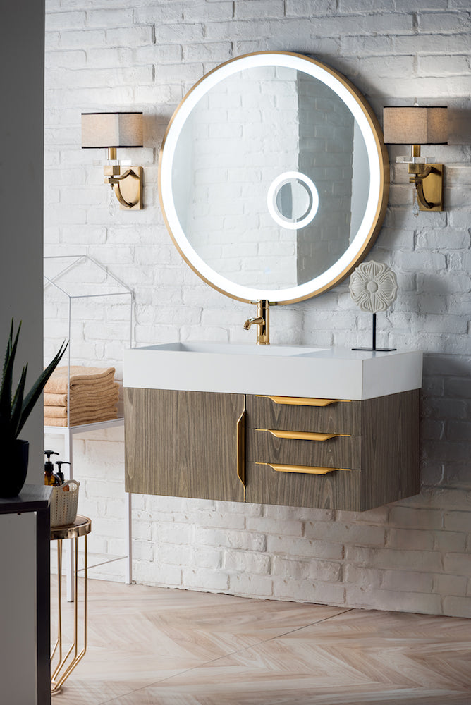 36" Mercer Island Single Sink Bathroom Vanity, Ash Gray w/ Radiant Gold