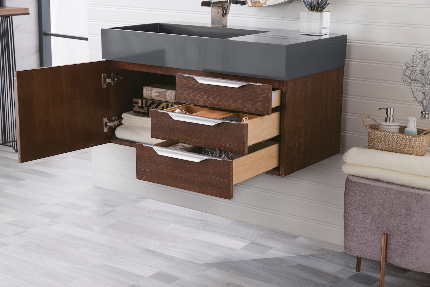 36" Mercer Island Single Sink Bathroom Vanity, Coffee Oak w/ Brushed Nickel