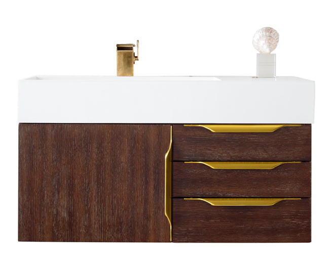 36" Mercer Island Single Sink Bathroom Vanity, Coffee Oak w/ Radiant Gold