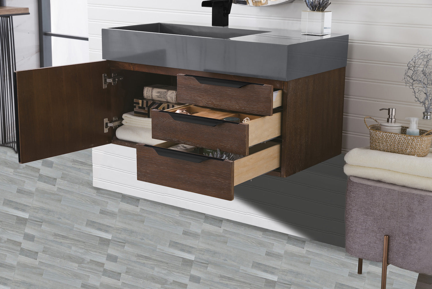 36" Mercer Island Single Sink Bathroom Vanity, Coffee Oak w/ Matte Black