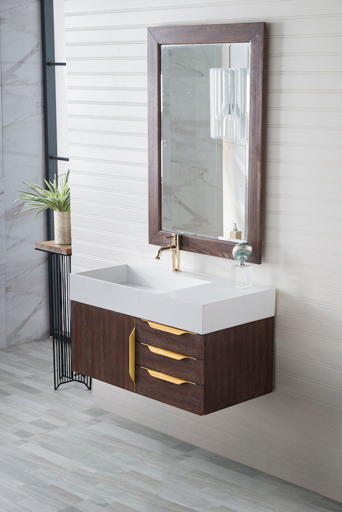36" Mercer Island Single Sink Bathroom Vanity, Coffee Oak w/ Radiant Gold