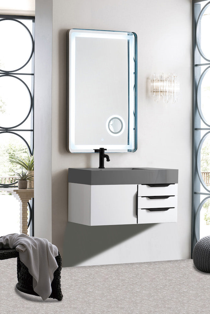 36" Mercer Island Single Sink Bathroom Vanity, Glossy White w/ Matte Black