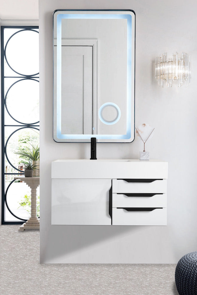 36" Mercer Island Single Sink Bathroom Vanity, Glossy White w/ Matte Black